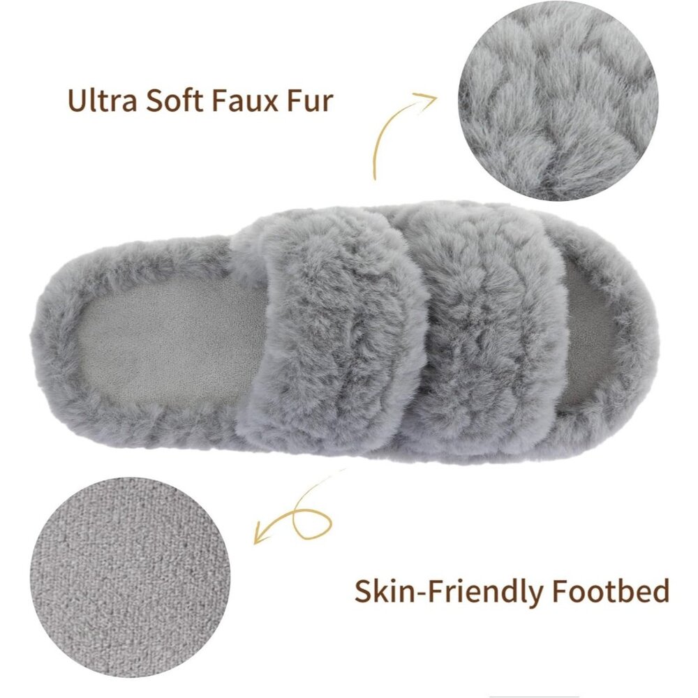 Women’s Gray Pluffie Arch Memory Foam Cozy Faux Fur Open Toe Slippers Shoes - Picture 5 of 6